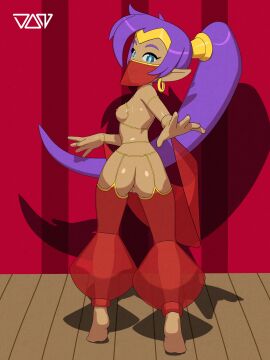 3d absurdres anus ass blue_eyes breasts choker circlet dancing dark-skinned_female dark_skin donmarcino earrings female functionally_nude functionally_nude_female half-closed_eyes harem_outfit harem_pants headpiece highres hoop_earrings jewelry long_hair looking_at_viewer looking_back nipples nude open_mouth pants pointy_ears ponytail purple_hair pussy red_pants see-through shantae shantae_(character) signature smile solo stage teeth tiptoes very_long_hair