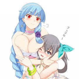 2girls @_@ bare_shoulders beagle bikini blue_eyes blue_hair blunt_bangs blush breast_press breasts catfight choker closed_mouth earrings enjin_koushi female flower frilled_choker frills grey_hair hair_flower hair_ornament hair_ribbon hairband headlock jewelry large_breasts long_hair multiple_females multiple_girls nose_blush one_eye_closed open_mouth pink_choker purple_flower purple_rose red_eyes ribbon ring_dream rose side-tie_bikini_bottom simple_background sweat swimsuit tsuruhisashi white_background white_bikini white_hairband wince wrestling yuki_onna_(ring_dream)