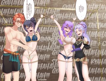 1boy 3girls abs alternate_costume armpits arms_up bare_arms bare_legs bare_midriff black_hair blue_bra blue_panties bondage bound bound_legs bra breasts bridal_gauntlets cleavage closed_eyes crying crying_with_eyes_open dress earrings erimoto female femdom fire_emblem fire_emblem:_genealogy_of_the_holy_war fire_emblem:_three_houses fire_emblem_heroes glasses grin heart-shaped_pupils japanese_text kiran_(fire_emblem) kiran_(fire_emblem)_(female) large_breasts laugh legs long_hair looking_at_viewer male maledom medium_breasts midriff multicolored_hair multiple_females multiple_girls muscular muscular_male official_alternate_costume one_eye_closed open_mouth orange_eyes orange_hair original panties pelvic_curtain pink_eyes ponytail purple_hair pussy restrained rope rope_bondage sex_toy short_hair side_ponytail smile standing sunglasses swim_trunks swimsuit sylvain_jose_gautier tailtiu_(fire_emblem) text tickling topless underwear vibrator vibrator_on_pussy white_bra white_panties