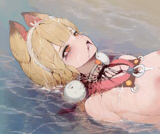 1girls absurdres alice_thymefield alice_thymefield_(sea_of_thyme) animal_ears blonde_hair blud_spine breasts commentary_request corpse cum cum_on_body cum_on_hair death facial female female_death gore guro highres korean_commentary long_hair lying nipples official_alternate_costume on_back open_mouth orange_eyes rabbit_ears rabbit_girl solo upper_body water zenless_zone_zero