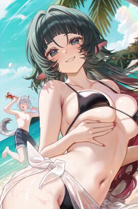 1boy 1girls background beach bikini bikini_top black_hair breasts cat_boy cat_ears cat_tail crustacean detailed_background female jane_doe_(zenless_zone_zero) long_hair male rat_ears rat_girl rat_tail seth_lowell smile surprised tree zenless_zone_zero