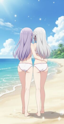 ass beach bikini caramella_girls emilia_(re:zero) nadine_(caramella_girls) re:zero_kara_hajimeru_isekai_seikatsu