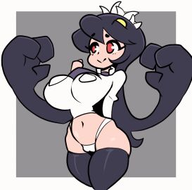 animated assisted_exposure big_breasts blush bouncing_breasts breasts doughroom erect_nipples female filia_(skullgirls) large_breasts nipples panties samson_(skullgirls) shirt skullgirls surprised thighhighs tight_clothing torn_clothes undressing