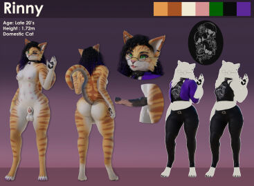 3d animal_genitalia animal_penis anthro ass balls breasts clothing collar digital_media_(artwork) domestic_cat english_text equine_genitalia equine_penis erection felid feline felis fur futanari genitals hi_res intersex mammal model_sheet nipples nude orange_body orange_fur pawpads paws penis rinny rinny_(character) sheath striped_body striped_fur stripes tabby_cat text trans_woman transfem