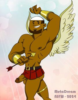 abs angel_wings arrow_(weapon) beard belt breasts buff dj_(tdi) holding_weapon male male_breasts male_with_breasts miniskirt muscular muscular_male penis small_penis smile smiling solo solo_focus solo_male tagme thick_thighs total_drama_island veiny_penis