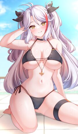 1girls :q absurdres antenna_hair arm_behind_head arm_up azur_lane bare_arms bare_legs bare_shoulders barefoot bikini black_bikini black_choker black_ribbon blue_sky blush breasts brown_eyes choker cloud collarbone day female flag_bikini german_flag_bikini grey_hair groin hair_between_eyes hair_ribbon head_tilt highres iron_blood_(azur_lane) large_breasts light-skinned_female light_skin long_hair looking_at_viewer mole mole_on_breast moyoron multicolored_hair navel outdoors parted_bangs prinz_eugen_(azur_lane) prinz_eugen_(unfading_smile)_(azur_lane) red_hair ribbon side-tie_bikini sky solo streaked_hair swimsuit thigh_strap tongue tongue_out two_side_up very_long_hair wet