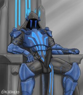 5_fingers acekhoexo arm_down armor balls big_penis black_balls black_body black_glans black_penis blue_markings bulge bulge_through_clothing clawed_fingers claws digital_media_(artwork) faceless_male fortnite glowing_eyes helmet highres humanoid ice_king ice_king_(fortnite) knight loincloth loincloth_bulge looking_at_viewer male male_only masked masked_men muscular muscular_male nude nude_male penis signature sitting solo_male stone throne veiny_penis warrior