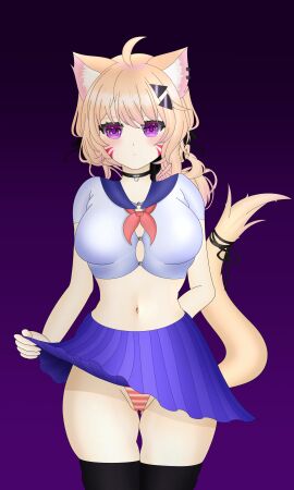 1girls ahoge animal_ears bangs black_choker black_legwear blonde_hair blue_sailor_collar blue_skirt breasts cat_ears cat_girl cat_tail catgirl choker closed_mouth collarbone cowboy_shot crop_top face_markings female gradient gradient_background hair_between_eyes hair_ornament heart large_breasts long_hair looking_at_viewer midriff navel panties pleated_skirt purple_background purple_eyes red_eyes sailor_collar school_uniform serafuku shirt short_sleeves skindentation skirt skirt_lift solo squchan_(vtuber) standing striped striped_panties tail tail_raised thighhighs underwear virtual_youtuber vyugen white_shirt