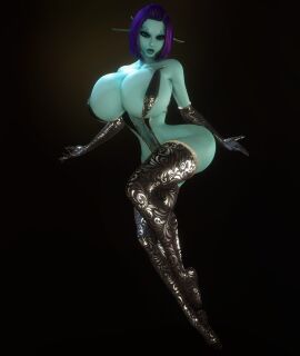 1girls 3d 3d_(artwork) areola_slip areolae areolae_slip bare_shoulders barely_clothed black_thighhighs blue_body blue_skin bob_cut bottomless breasts breasts_bigger_than_head busty dark_purple_hair elbow_gloves female female_only gigantic_breasts gloves green_skin heterochromia hips hourglass_figure huge_breasts huge_hips long_ears long_pointy_ears looking_at_viewer midriff pinup_pose pointy_ears purple_hair skimpy skimpy_clothes slim slim_waist small_waist solo solo_female solo_focus soria thick_thighs thighhighs thighs thin_waist tiny_waist top_heavy turquoise_skin vaako wasp_waist wide_hips