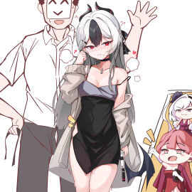 1boy 3girls :t absurdres after_sex aru_(blue_archive) aru_(dress)_(blue_archive) bandaid bandaid_on_neck bite_mark bite_mark_on_arm black_choker black_dress black_hair black_pants blue_archive blush breasts choker closed_mouth cum cum_on_legs cumdrip dress ear_piercing female gehenna_academy_student grey_hair gun heart highres holding holding_gun holding_weapon horns kayoko_(blue_archive) kayoko_(dress)_(blue_archive) long_hair low_wings male medium_breasts mole mole_on_neck multicolored_hair multiple_females multiple_girls mutsuki_(blue_archive) mutsuki_(dress)_(blue_archive) notice_lines off_shoulder pants piercing pink_hair problem_solver_68_(blue_archive) red_dress red_eyes sensei_(blue_archive) shirt simple_background stray_pubic_hair streaked_hair sweat waving weapon white_background white_hair white_shirt wings wizard2482