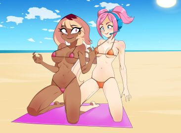 2girls anoneysnufftan applying_sunscreen beach beach_towel bikini blonde_hair blue_eyes crossover dark-skinned_female dark_skin eastern_and_western_character embarrassed female female_only headset helluva_boss humiliation imminent_death killer_lotion kneeling long_hair massage ocean peril pink_eyes pink_hair punishment rubbing sand seaside short_hair sitting sky space_channel_5 summer sunbathing swimsuit towel ulala verosika_mayday_(helluva_boss) vivienne_medrano