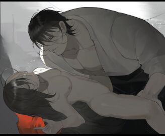 1boy 1cuntboy clothed_male cuntboy cuntboy/male intersex kanoh_agito kengan_(series) kengan_ashura light-skinned_male light_skin long_hair male male_on_cuntboy messy_hair miaomioashen muscular muscular_male nude original_character pale-skinned_cuntboy pale-skinned_male pale_skin pussy self_insert sweat uncensored very_long_hair