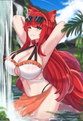 animal_ears blush bobobo1345 breasts cleavage female female_only fox_ears fox_tail green_eyes large_breast long_hair navel one_eye_closed original red_hair sarong sky soli tail waterfall wet
