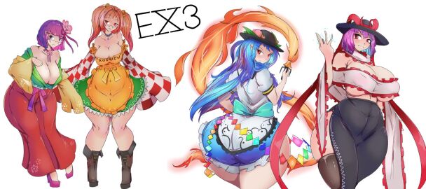 4girls accessory ass big_ass big_breasts blue_hair breasts cleavage clothing female female_only greenm hat hieda_no_akyuu hinanawi_tenshi iku_nagae kosuzu_motoori large_ass large_breasts long_hair long_sleeves nagae_iku purple_hair tenshi_hinanawi thick thick_thighs touhou twintails white_background wide_hips