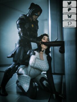 1girls 2boys 3d big_penis bioware blowjob blowjob_face currysfm dark-skinned_male dark_skin fellatio female glory_hole huge_cock indoors interracial kai_leng large_penis light-skinned_female light-skinned_male light_skin male mass_effect miranda_lawson oral oral_sex penis sucking sucking_penis