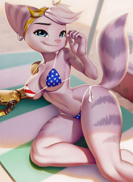 1girls ai_generated american_flag_bikini beach bikini blue_eyes cybernetic_arm cybernetic_limb cybernetics cyborg cyborg_girl female female_focus headband hi_res hires hourglass_figure lying_down narrow_waist ratchet_and_clank rivet_(ratchet_and_clank) robotic_arm solo solo_female underboob upscaled wide_hips yellow_headband