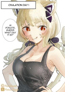 1girls alternate_costume animal_ear_fluff animal_ears bangs bare_shoulders blonde_hair blush breast_expansion breast_growth breast_growth_(enlargement) breasts cat_ears cat_girl cat_tail catgirl cleavage collarbone english_text eyebrows_visible_through_hair face_markings female grin hair_bow hair_ornament hair_ribbon hand_on_hip hands_on_hips large_breasts long_hair looking_at_viewer low_twintails red_eyes ribbon smile solo squchan_(vtuber) striped tail tank_top twintails upper_body virtual_youtuber vyugen