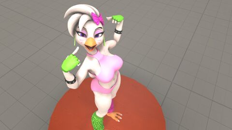 3d 3d_model avian avian_humanoid female five_nights_at_freddy's five_nights_at_freddy's:_security_breach fnaf furry glamrock_chica_(fnaf) glamrock_chica_(mayosplash) happy mayosplash pointing_at_self poster render scottgames sfm solo source_filmmaker steel_wool_studios