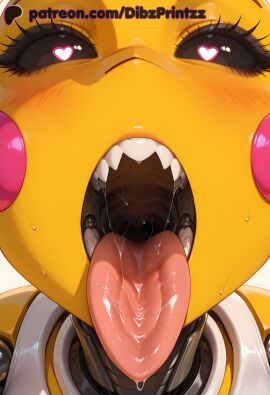 ai ai_assisted ai_generated android anime artist_name black_sclera blush chica_(fnaf) close-up colored_sclera colored_skin cyborg dibzprintz drooling female five_nights_at_freddy's five_nights_at_freddy's_2 fnaf heart heart-shaped_pupils hi_res high_quality high_resolution highres joints looking_at_viewer open_mouth oral_invitation patreon_username portrait robot_joints saliva sharp_teeth solo sweat symbol-shaped_pupils teeth tongue tongue_out toy_chica_(fnaf) uvula watermark web_address yellow_skin