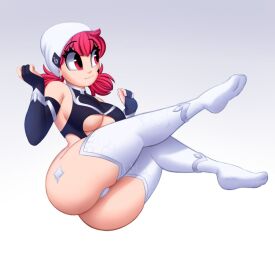 1girls beanie big_breasts breasts busty_female elbow_gloves eyebrows_visible_through_hair female female_only fingerless_gloves gloves gradient_background legwear original original_character pink_hair plump_butt red_eyes saymanart simple_background smile solo tattoo thick_thighs thighhighs twintails underboob underboob_cutout vinyl_(saymanart) white_legwear