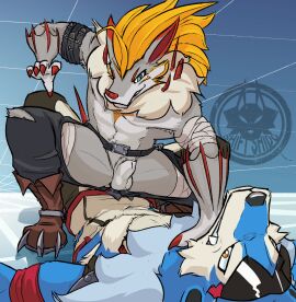 animal_genitalia anthro balls bandai_namco blonde_hair blue_body blue_fur boots bottomwear canid canine claws clothing cowgirl_position crotchless_bottomwear crotchless_clothing crotchless_pants digimon digimon_(species) duo eyewear female footwear from_front_position fur gay genitals grey_body grey_fur hair hi_res imminent_sex machgaogamon male male/male mammal neck_grab on_bottom on_top pants pecs pinned pinned_to_ground sex sexual_tension sheath shiftshido shoes stefilmon sunglasses teasing torn_clothing unintentional_presentation