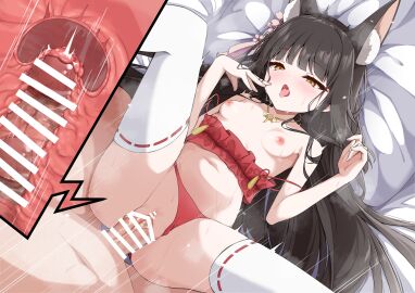 1boy :o :p absurdres animal_ears azur_lane bar_censor blush bra bra_pull breasts brown_hair censored clothed_female_nude_male clothed_sex clothes_pull clothing_aside cross_section deep_penetration eyeshadow female fingers_to_mouth fox_ears fox_girl fox_mask half-closed_eyes hands_up happy_sex highres large_penis leg_up long_hair lying madotsukumo makeup male mask mask_on_head missionary motion_lines nagato_(azur_lane) nagato_(great_fox's_respite)_(azur_lane) navel nipples nude on_back on_bed panties panties_aside penis petite pussy red_bra red_eyeshadow red_panties red_ribbon ribbon ribbon-trimmed_thighhighs ribbon_trim small_breasts solo_focus spread_legs straight thighhighs tongue tongue_out underwear vaginal_penetration very_long_hair yellow_eyes