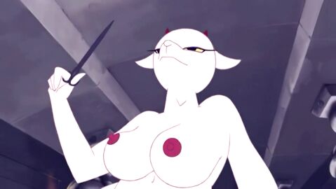 2d anthro breasts caprine female horns judas_and_jesus nipples official_art scissors white_body white_fur yellow_eyes