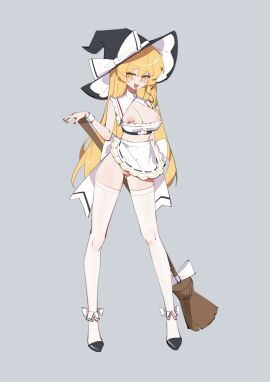 absurdres adapted_costume apron back_bow big_breasts black_footwear black_hat blonde_hair blush bow bra braid breasts broom chinese_commentary commentary_request detached_collar female full_body hairbow hat hat_bow highres huangyou kirisame_marisa large_breasts long_hair nipple_piercing nipples piercing purple_nails shelf_bra side_braid single_braid solo standing thighhighs tongue tongue_out tongue_piercing touhou underwear very_long_hair waist_apron white_bow white_thighhighs white_wrist_cuffs witch_hat wrist_cuffs yellow_eyes