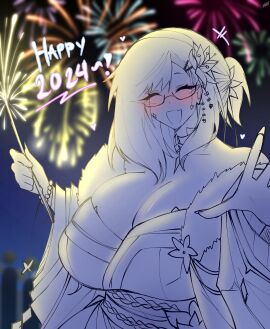 1girls 2024 big_breasts blush breasts closed_eyes clothing dani_(shiirano) female female_only fireworks glasses imnotshiira_(artist) new_year original shiirano smile solo tagme text