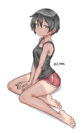 5_toes absurdres black_hair brown_eyes dark-skinned_female dark_skin feet female greek_toe highres looking_at_viewer original short_black_hair short_hair shorts soles solo tan toes tomboy tsukimaru_(ls_99ml) white_background young