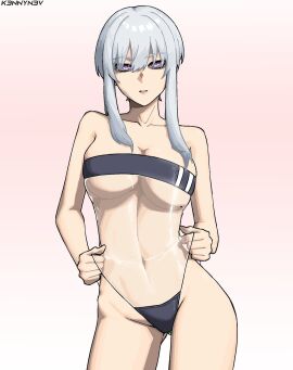 barely_clothed barely_covered big_breasts breasts female hips k3nnyn3v lowres mole_on_breast original original_character purple_eyes swimsuit swimsuit_pull tagme transparent_swimsuit watermark white_hair