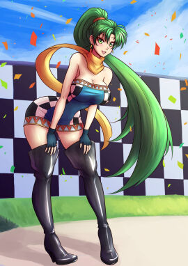 1girls big_breasts blue_dress breasts clouds confetti dress earrings female fingerless_gloves fire_emblem fire_emblem:_the_blazing_blade gloves green_eyes green_hair high_heel_boots high_heels large_breasts looking_at_viewer lyn_(fire_emblem) nintendo outside ponytail race_queen scarf sky thighhigh_boots willanator