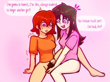 ari_(class_of_'09) bottomless class_of_'09 female female_pubic_hair fingering fingering_pussy hairy_pussy idrawabit oc original_character pubic_hair pussy self_insert yuri