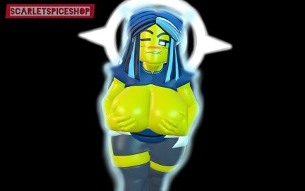 3d big_breasts bike_shorts biting_lip blue_hair blushing_at_viewer cupping_breasts half-dressed halo holding_breast lady_bone_demon leaning_forward leggings lego lego_monkie_kid pinup scarletspiceshop