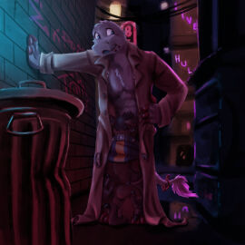 1:1 3_fingers 4_toes alley andee_(rvb_revolution) anthro bat chupadore clothing coat collar colored_nails detailed_background duo ear_piercing ear_ring feet fellatio fingers furgonomics furry-specific_piercing graffiti hand_on_hip hand_on_wall hat headgear headwear hi_res male male/male mammal muscular muscular_male nails oral penile penis piercing poncho public public_sex raemyshu ring_piercing rvb_revolution samael_wurlitz sex size_difference standing_on_toes tail tail_tuft toes topwear trenchcoat tuft