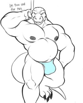 1boy anthro back_spikes bara blue_eyes blush bulge claws clothing dad_bod dancing erection erection_under_clothes gerosandias081 godzilla godzilla_(series) hi_res kaiju lizard looking_at_viewer male male/male monster musclegut muscular muscular_male navel nipples pecs pole pole_dancing reptile scales scalie solo speedo spikes spikes_(anatomy) stripper stripper_pole swimwear swingwear tail thong toho underwear yaoi