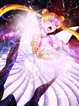arms_held_back bishoujo_senshi_sailor_moon blonde_hair breast_grab breasts closed_eyes clothed clothing dress earrings electric_shock electricity electrocution enormous_breasts female galaxy grabbing grabbing_breasts groping_breasts hacchake_yarou_a_team hair_ornament hatchake_taro huge_breasts large_breasts neo_queen_serenity nonude open_mouth screaming shadow tongue twintails usagi_tsukino variant