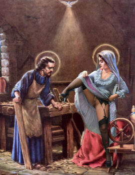 1boy 1girls artist_request bible christianity clothed_male_partially_nude_female dress_lift female flashing_pussy garter_straps going_commando halo heels indoors lifting_dress lowres male pussy saint_joseph stockings tagme thighhighs virgin_mary