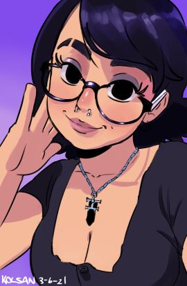 black_eyes black_hair cleavage eyebrow_cut female glasses kolsan light-skinned_female light_skin necklace nose_piercing pale-skinned_female pale_skin portrait smile