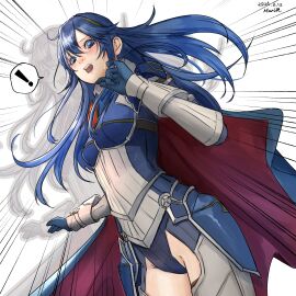 ! 1girls absurdres alternate_costume armor blue_eyes blue_gloves blue_hair blue_leotard blush cape dated eva02asuka0608 faulds female female_only fire_emblem fire_emblem_awakening fire_emblem_heroes gloves hair_between_eyes highres leotard looking_at_viewer looking_down lucina_(fire_emblem) nintendo official_alternate_costume open_mouth solo spoken_exclamation_mark sweatdrop teeth thigh_window thighs tiara zoom_layer