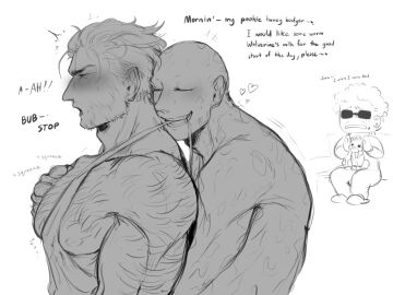 1girls 2boys baimonbluewhale bald beard biting_clothes blind_al blush deadpool deadpool_&_wolverine_(2024) dogpool english_text female gay hairy hairy_male heart james_howlett large_pectorals logan_(x-men) male male/male marvel marvel_comics monochrome muscular muscular_male nipples nude pectoral_grab scars_all_over short_hair wade_wilson wolverine_(x-men) x-men yaoi