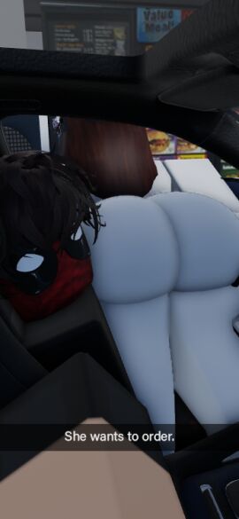 1boy 1girls 3d artist_self-insert ass ass_focus big_ass car crossover deadpool female female_focus he_wants_to_order male marvel marvel_comics mcdonald's meme ninjashyper2 roblox roblox_avatar robloxian self_upload she_wants_to_order snapchat tagme text text_box thick_ass thick_thighs