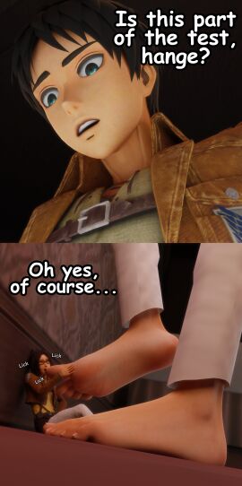 3d attack_on_titan big_feet comic_panel eren_jaeger female foot_fetish foot_focus foot_lick foot_worship giant giant_male hanji_zoe male male/female male_foot_fetish maledom mrgtsfloop shingeki_no_kyojin shrunken_female size_difference