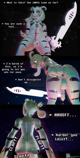 3d 3d_(artwork) absurd_res anal anthro anus asriel_dreemurr asriel_dreemurr_(god_form) ass backsack balls ballsack big_butt bodily_fluids boss_monster_(undertale) bovid butt_focus caprine comic cum dialogue digital_media_(artwork) duo english_text floppy_ears from_behind genital_fluids genitals goat hi_res horn human human_on_anthro human_on_male human_penetrating interspecies leaking_cum leaking_precum light-skinned_male male male/male mammal melee_weapon penis precum rear_view spread_anus spread_butt spreading standing_sex sword tammilicious tattoo teeth text tongue tongue_out undertale undertale_(series) weapon
