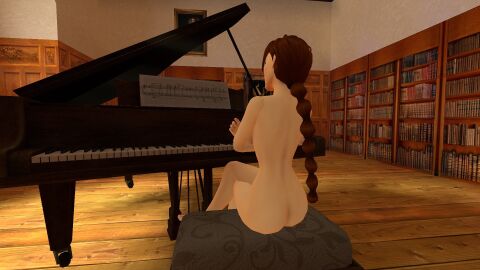 3d casual female fully_nude human lara_croft lara_croft_(classic) nonsexual nonsexual_nudity nudist pale_skin piano sitting tomb_raider tomb_raider_remastered