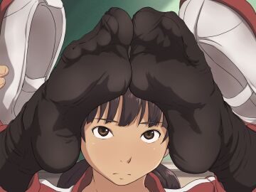 1girls athletic athletic_female brown_eyes brown_hair cute feet female foot_fetish foot_focus japanese_female maku_(l-u) presenting_feet shoes shoes_removed smelly_feet socks solo solo_female tan-skinned_female tan_skin