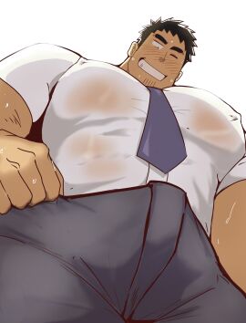 balls bara big_pecs blush boner bulge clothing erection erection_under_clothes fully_clothed gay kaeru333938123 low-angle_view male male_only muscles muscular my_senpai_is_annoying pecs penis senpai_ga_uzai_kouhai_no_hanashi solo solo_male sweat sweating takeda_harumi_(shiromanta) worm's-eye_view yaoi