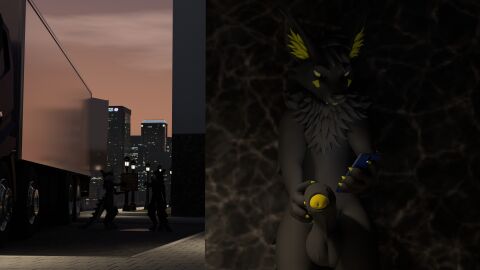 3d absurd_res anthro balls big_balls big_penis blender_(artwork) blender_cycles box canid canine canis city container digital_media_(artwork) electronics eye_contact freakhound genitals gesture group hair hand_gesture hi_res holding_object huge_balls huge_cock light lighting looking_at_another looking_at_object looking_at_phone male mammal masturbation penis phone pointing sky softdiamond softdiamond_(artist) stealth_masturbation tongue tongue_out trio truck vrchat_model wolf