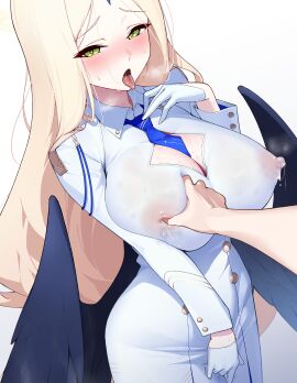 1other ambiguous_gender ayumu_(blue_archive) black_wings blonde_hair blue_archive blue_necktie blush breasts cleavage cleavage_cutout clothing_cutout covered_nipples dress female forehead_jewel gem gensui_hime gloves grabbing grabbing_another's_breast green_eyes highres lactation large_breasts long_hair long_sleeves meme necktie parted_bangs pov_cheek_grabbing_(meme) simple_background tongue tongue_out very_long_hair white_background white_dress white_gloves wings