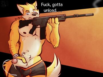 anthro assault_rifle blush bodily_fluids canid canine canis clothed clothing cooper_krager cum english_text genital_fluids genitals gun hi_res male male_only mammal muscular nipples partially_clothed penis profanity ranged_weapon remember_the_flowers rifle scar smoke solo text underwear underwear_down ventkazemaru weapon wolf